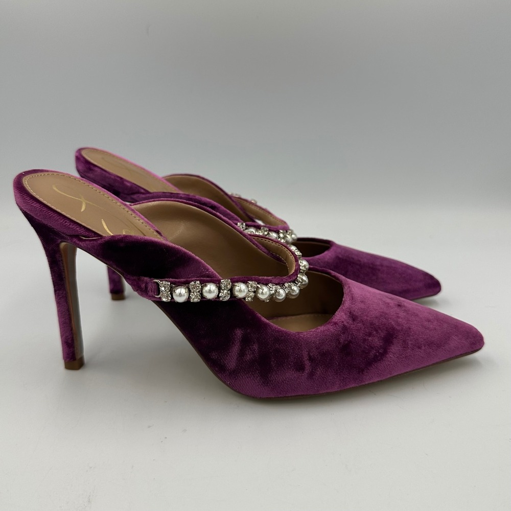 Sam Edelman Hyland Velvet Mule Heels 6.5 Purple Pearl Crystal Strap Glam Y2K NIB - Picture 15 of 16